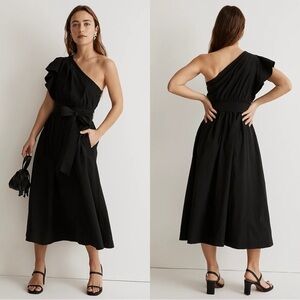 Madewell Black Belted Ruffled One-Shoulder Midi Dress Size 00 US NWT